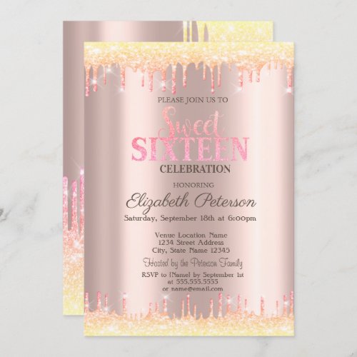 Modern Ombre Glitter Drips Rose Gold  Sweet 16  Invitation
