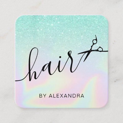 Modern ombre mint holographic hairstylist square business card