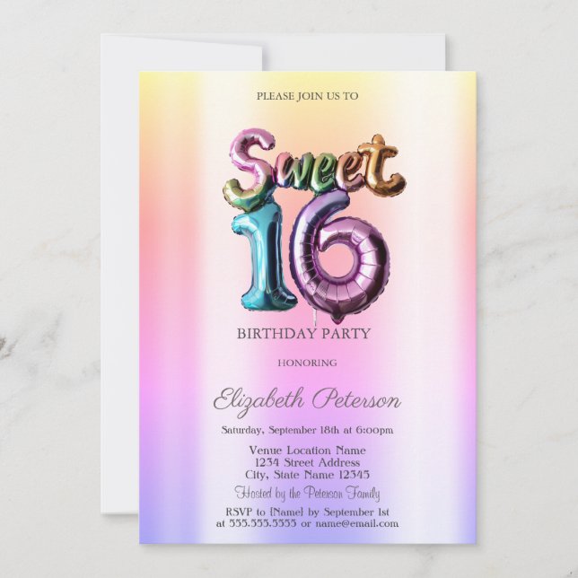 Modern Ombre Neon Balloon Sweet 16 Invitation (Front)