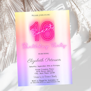 Modern Ombre Neon Sweet 16 Invitation