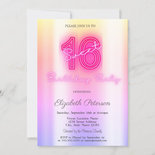 Modern Ombre Neon Sweet 16 Invitation