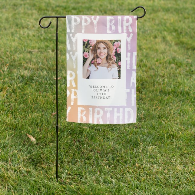 Modern Ombre Pastel Photo Birthday Party Banner Garden Flag (In SItu)