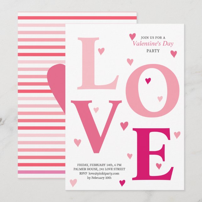 Modern ombre pink LOVE hearts Valentines Day party Invitation (Front/Back)