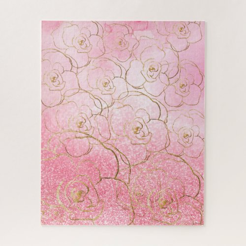 Modern Ombre Pink Watercolor Gold Rose Floral Jigsaw Puzzle