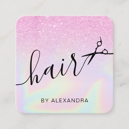 Modern ombre purple holographic hairstylist square business card