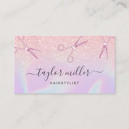 Modern ombre rose gold holographic hairstylist business card