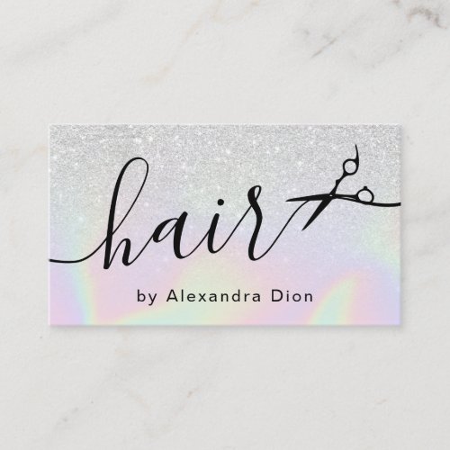 Modern ombre silver holographic hairstylist business card