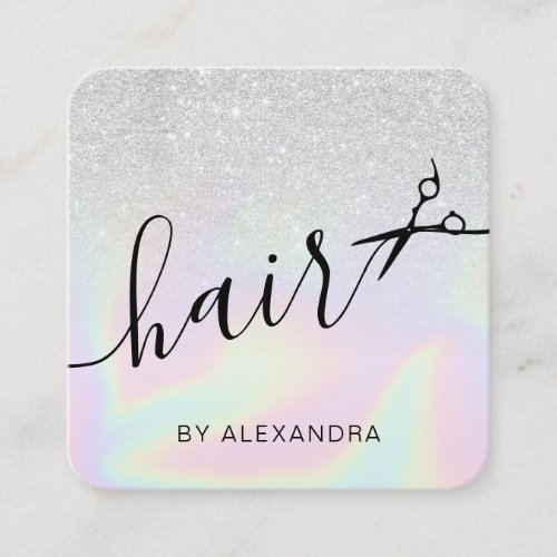 Modern ombre silver holographic hairstylist square business card