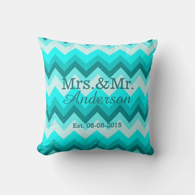 modern ombre turquoise chevron mr and mrs throw pillow (Front)