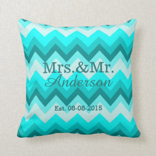 modern ombre turquoise chevron mr and mrs throw pillow
