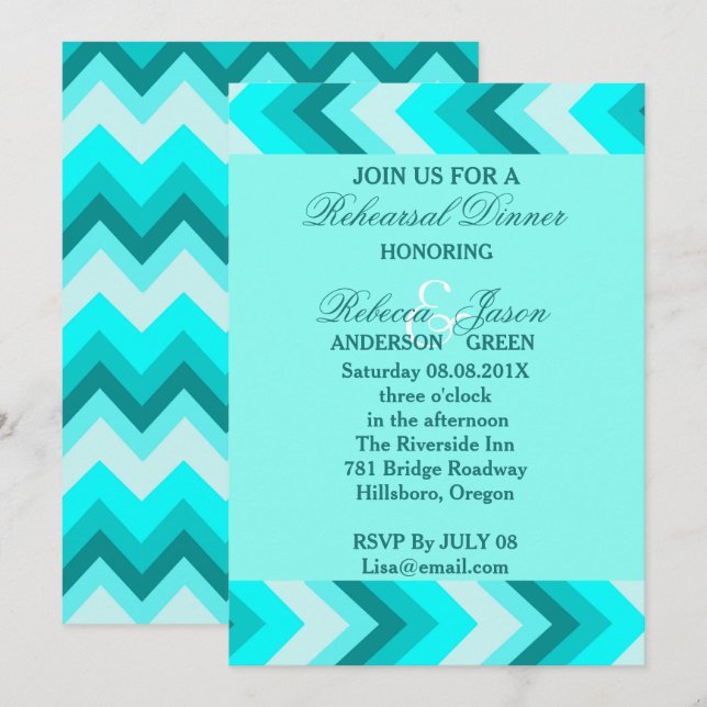 modern ombre turquoise chevron rehearsal dinner invitation (Front/Back)