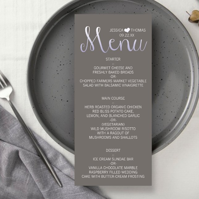 Modern Ombré Typography Purple & Grey Wedding Menu (Creator Uploaded)