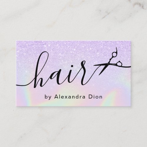 Modern ombre violet holographic hairstylist business card