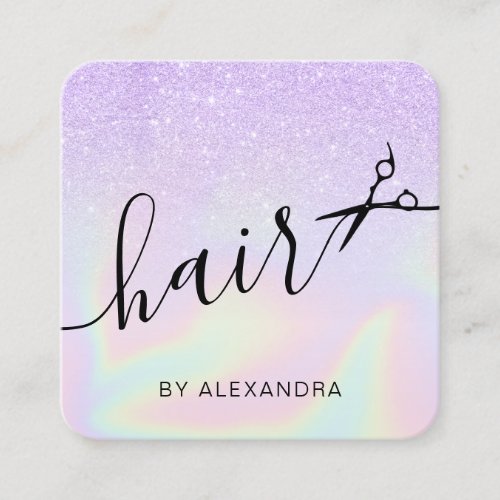 Modern ombre violet holographic hairstylist square business card