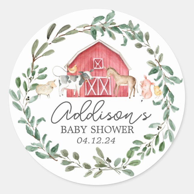 Modern on the Farm Baby Shower Invitation Classic Round Sticker (Front)