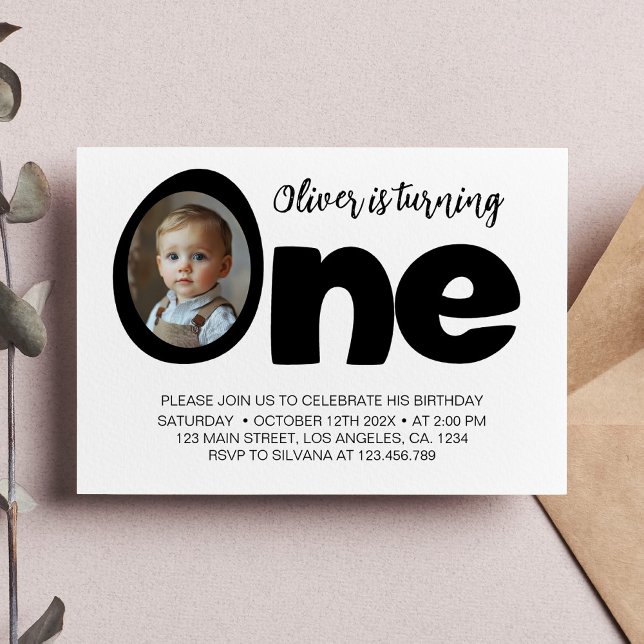 Modern ONE Black and White Birthday Photo Invite (Creator Uploaded)