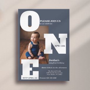 Modern ONE first birthday photo dark dusty blue Invitation