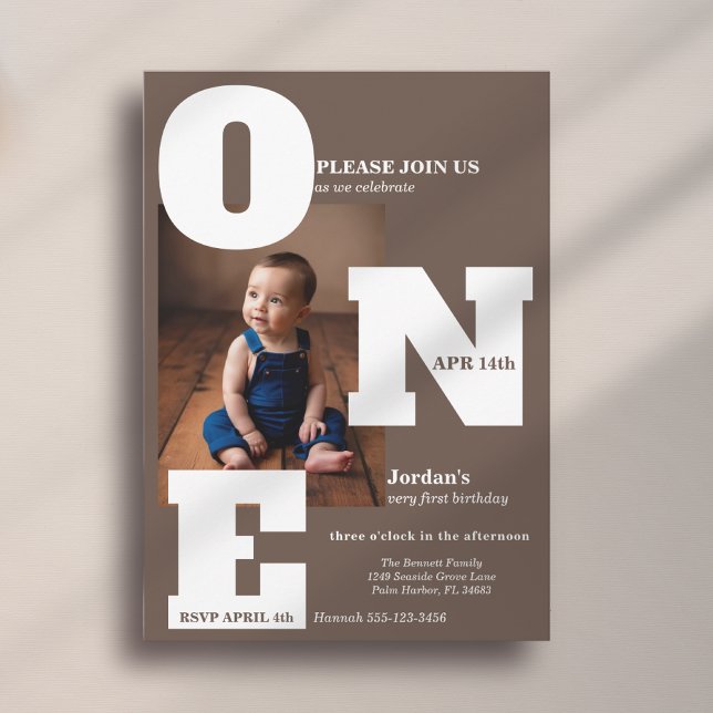 Modern ONE first birthday photo mocha brown Invitation (Creator Uploaded)