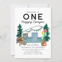 Modern One Happy Camper Trees Camping 1st Birthday