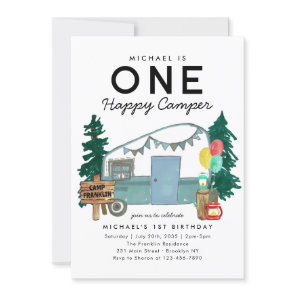 Modern One Happy Camper Trees Camping 1st Birthday Invitation