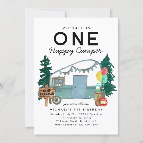 Modern One Happy Camper Trees Camping 1st Birthday Invitation