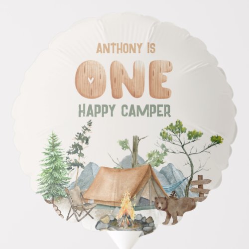 Modern One Happy Camper Watercolor 1st Birthday Balloon