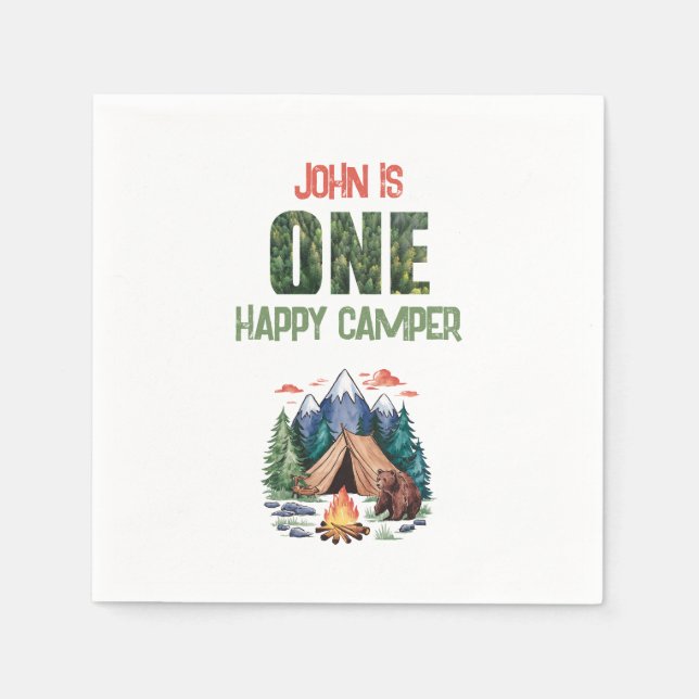 Modern One Happy Camper Watercolor 1st Birthday Napkins (Front)