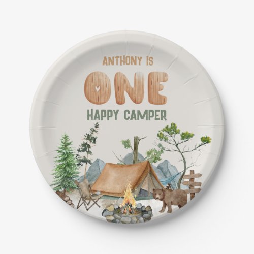 Modern One Happy Camper Watercolor 1st Birthday Paper Plates
