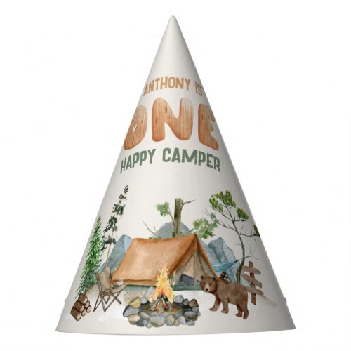 Modern One Happy Camper Watercolor 1st Birthday Party Hat