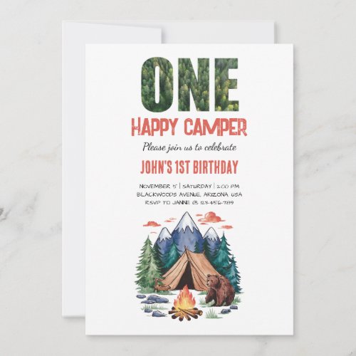 Modern One Happy Camper Woodland 1st Invitation