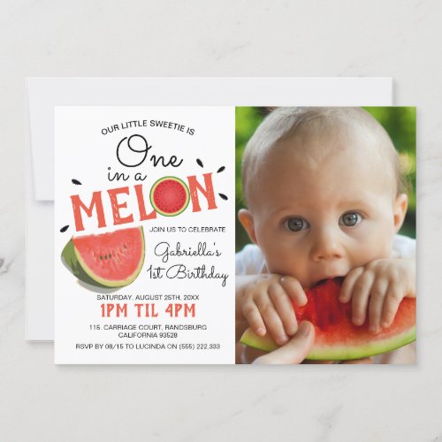 Modern One in a Melon Photo  Summer Kids Birthday Invitation