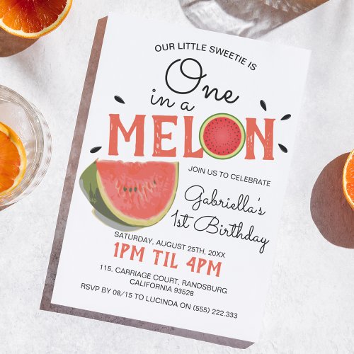 Modern One in a Melon  Summer Kids Birthday Invitation