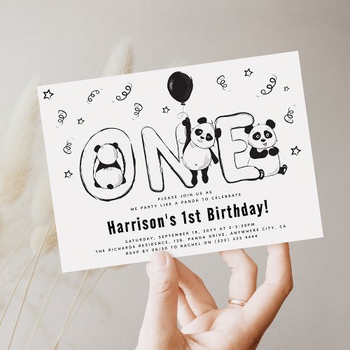 Modern ONE Panda 1st Birthday Party Invitation