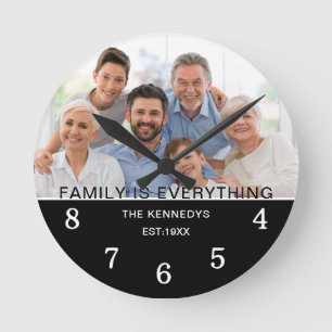 Modern One Photo Family Name Quote Black And White Round Clock
