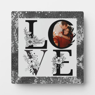 Modern ONE Photo floral silver glitter valentine's Plaque