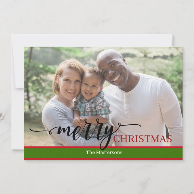 Modern One Photo Merry Christmas Calligraphy Card (Front)