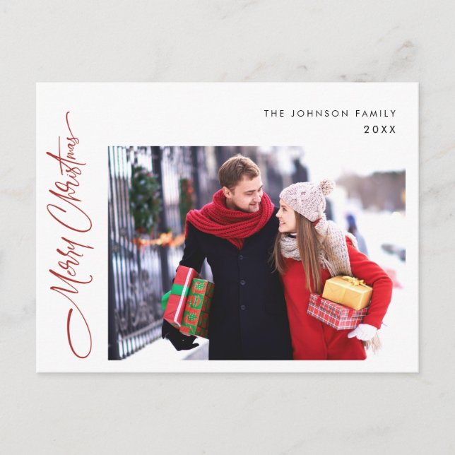 Modern One PHOTO Merry Christmas Holiday Greeting Postcard (Front)