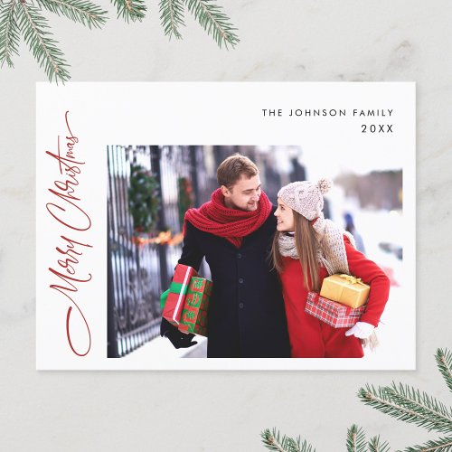 Modern One PHOTO Merry Christmas QR code Holiday Postcard