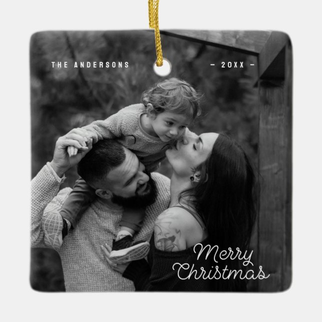 Modern One Photo Simple Merry Christmas Ceramic Ornament (Front)