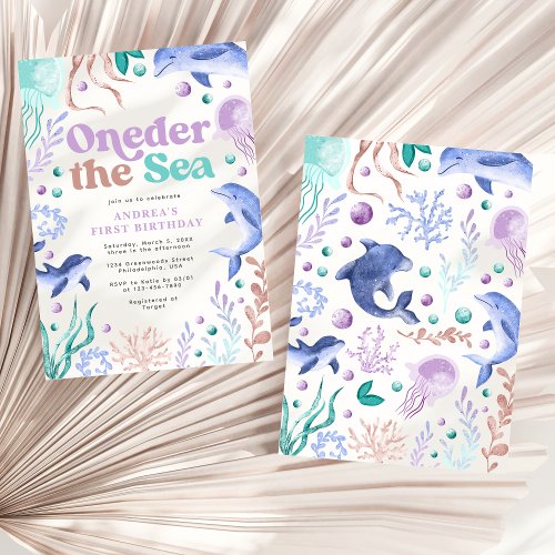 Modern Oneder the Sea Dolphin Retro First Birthday Invitation