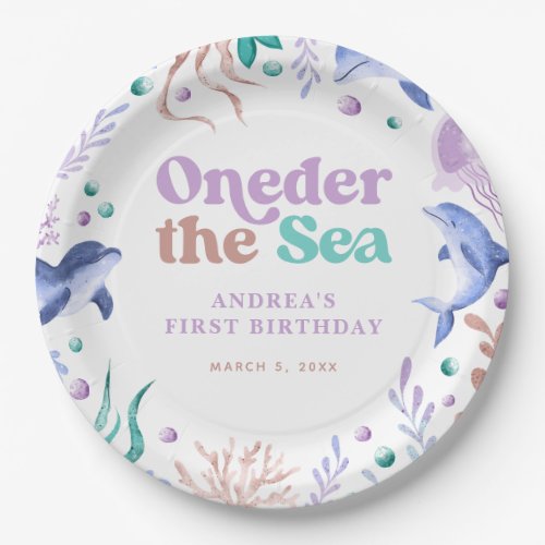 Modern Oneder the Sea Dolphin Retro First Birthday Paper Plates