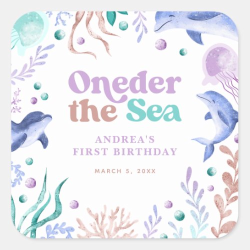 Modern Oneder the Sea Dolphin Retro First Birthday Square Sticker