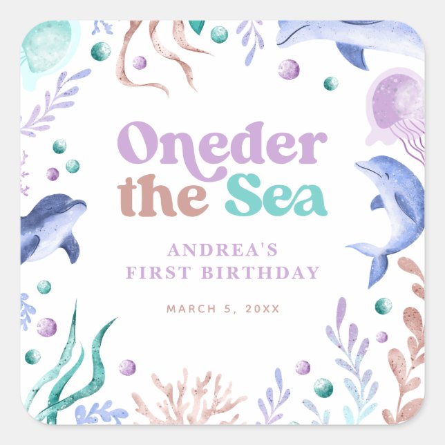 Modern Oneder the Sea Dolphin Retro First Birthday Square Sticker (Front)
