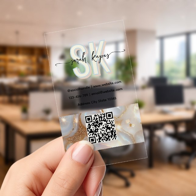 Modern Opal stone monogram Qr Code Clear Business Cards (Handheld (Office))