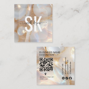 Modern Opal stone monogram Qr Code Square Business Card