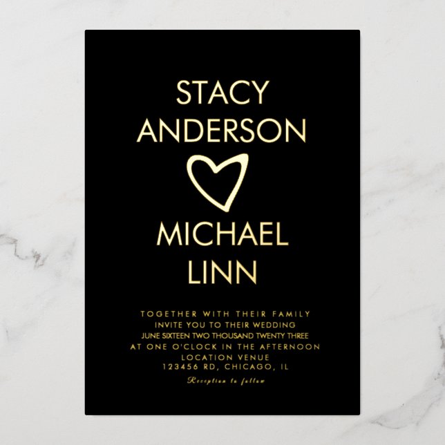 Modern Open Heart Hand Drawn Wedding Pressed Foil  Invitation (Front)