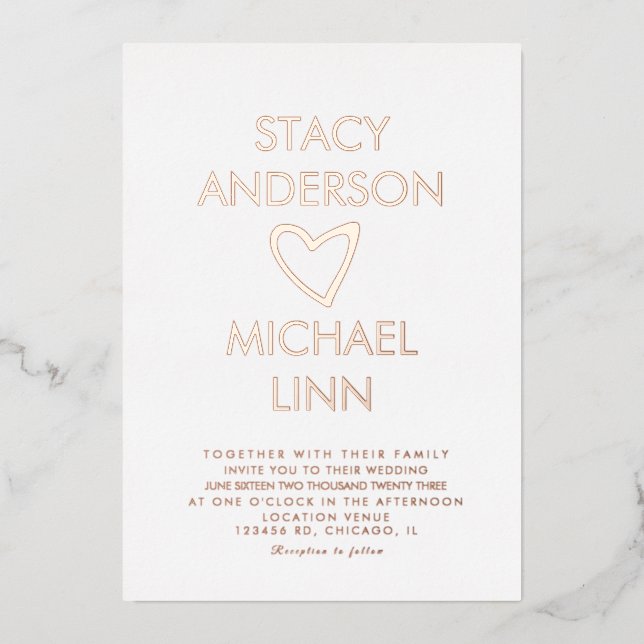 Modern Open Heart Hand Drawn Wedding Pressed Foil Invitation (Front)