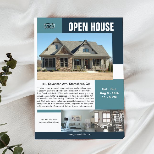 Modern Open House 3 Photo Teal Customizable Flyer (Creator Uploaded)
