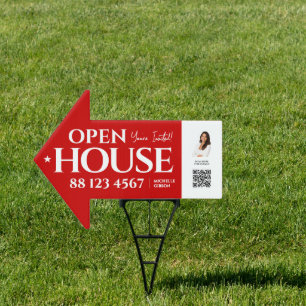 Modern Open House Photo QR Code Red Yard Sign