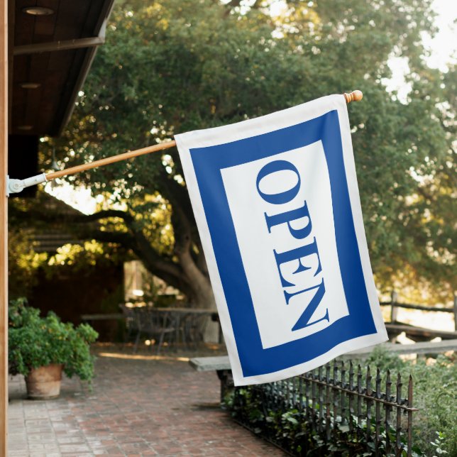 Modern Open Message Navy Blue Border Sign Flag  (In SItu)